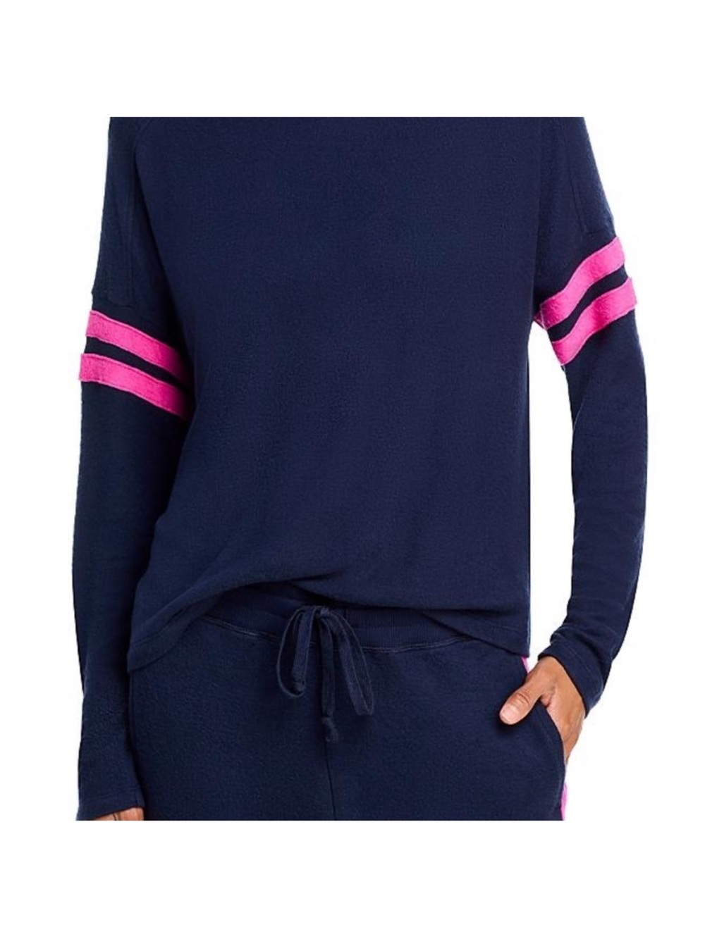 Navy Crew Neck Sweater with Pink Sleeve Stripes